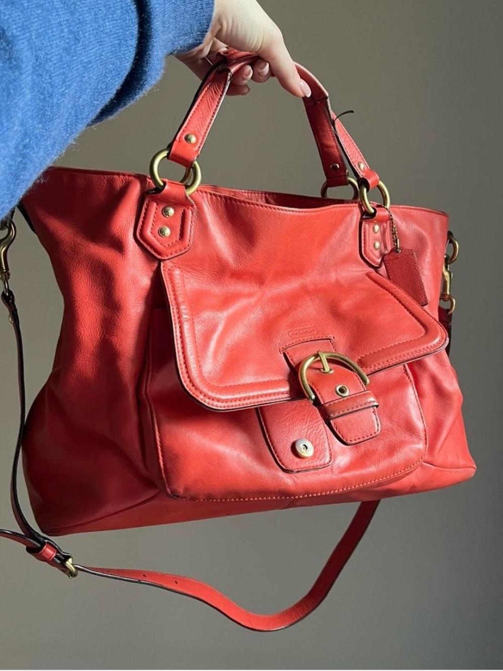 Red Leather Tote Handbag with Front Buckle